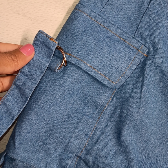 Casual Pocket Stretch Denim Plus Size Short Sleeve Crop Top Shorts Two-Piece - Picture 8 of 15